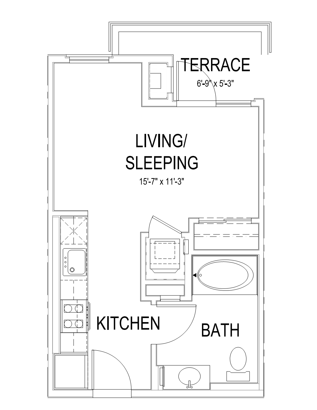 Floor plan for studio, 1 bath, 397 sqft